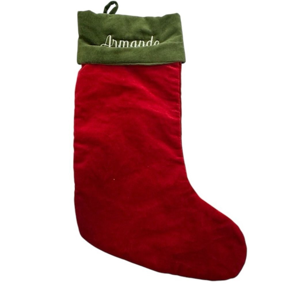 Armando Pottery Barn Green Red Velvet Holiday Christmas Stocking Monogrammed